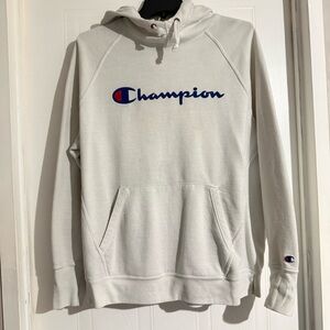 Champion Cream Pullover Hoodie with Blue Logo